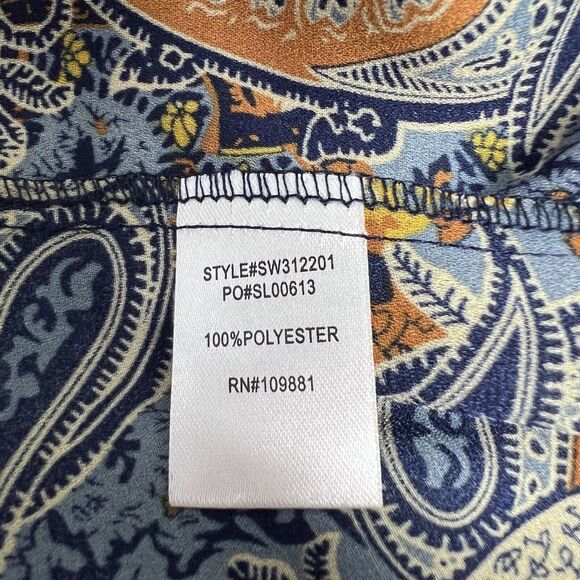 Sunny Leigh Blue Print Peasant Top Sz LARGE Tie Neck Ruffle Collar Puff Sleeves - Picture 7 of 7